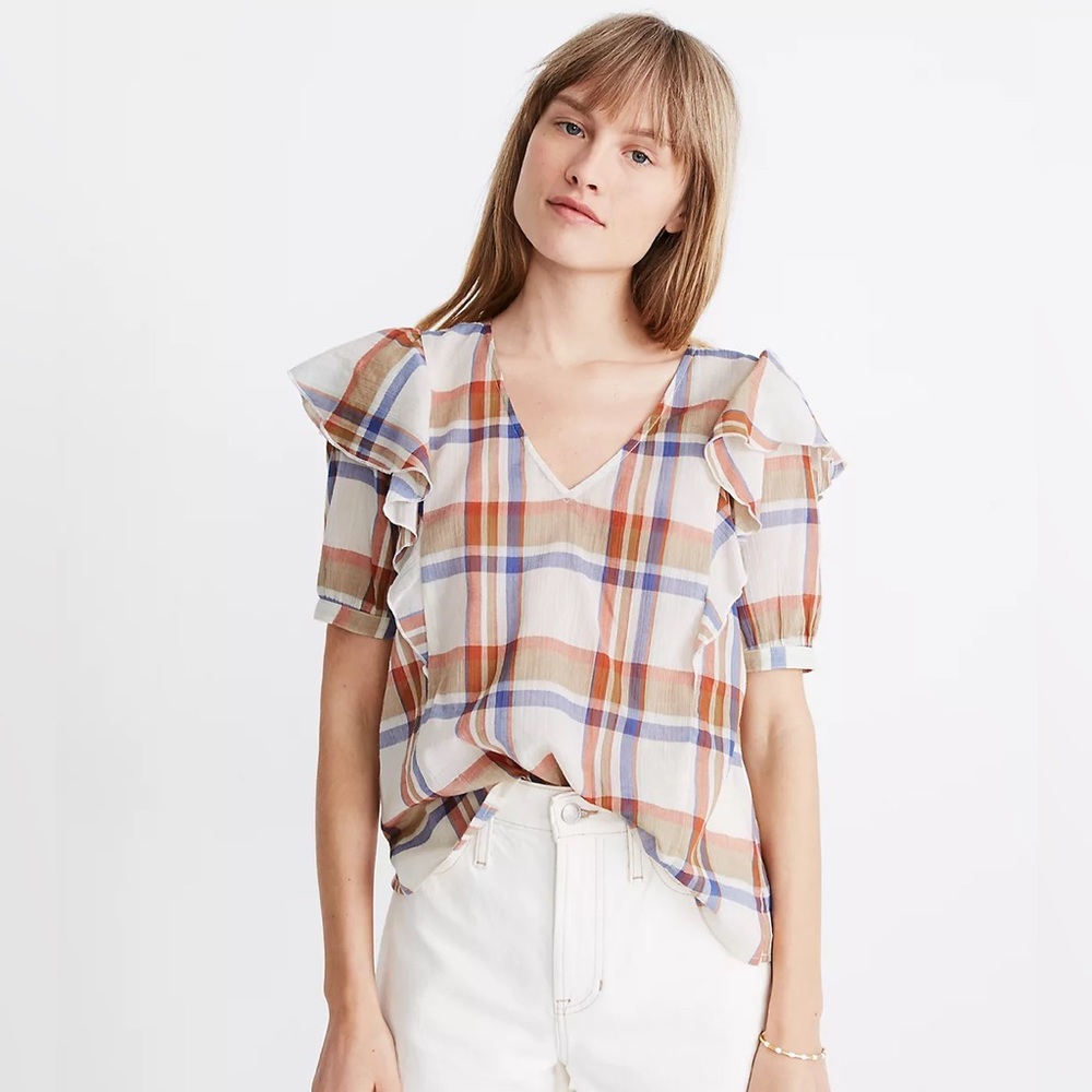 Madewell Plaid Blouse Women Size XS V-Neck Ruffle Semi Sheer Oversize Top *